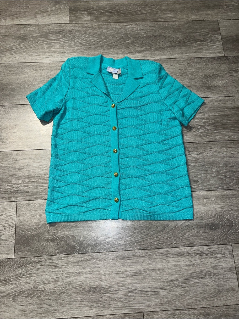 Short-Sleeve Teal Knit Button-Front Blouse